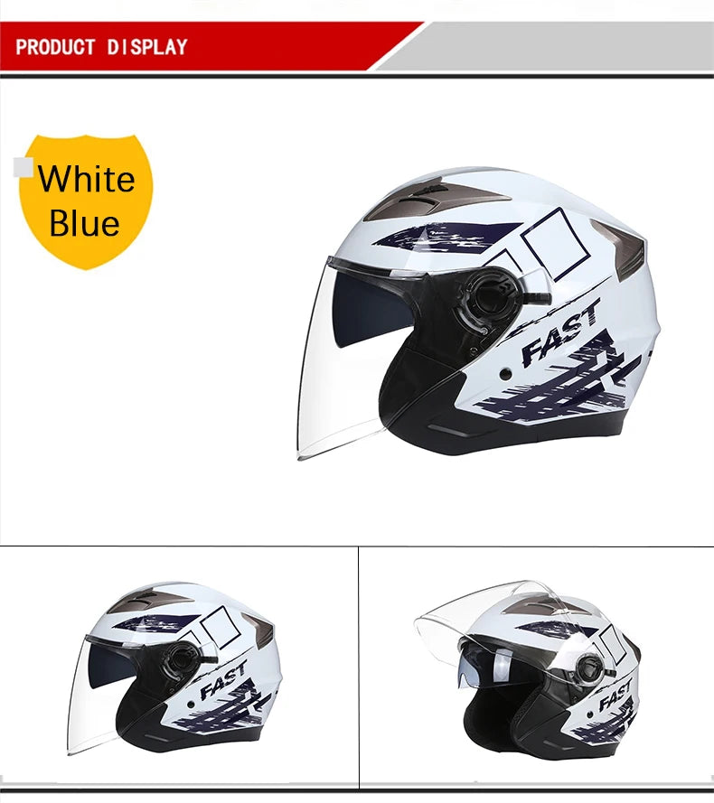 A black and white motorcycle helmet with a clear visor and 'FAST' graphics displayed against a white background.