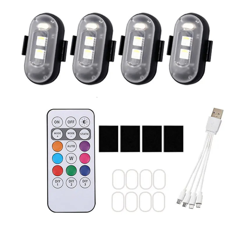Set multifunktige LED-Stroboskoplichter für Fahrzeuge und Drohnen, inklusive verschiedener Modi und Kabel.