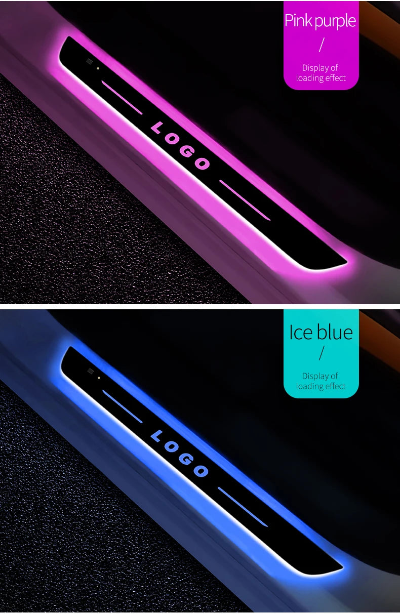 Close-up of a custom logo projector door sill light displaying the word LOGO in pink purple and ice blue colors.