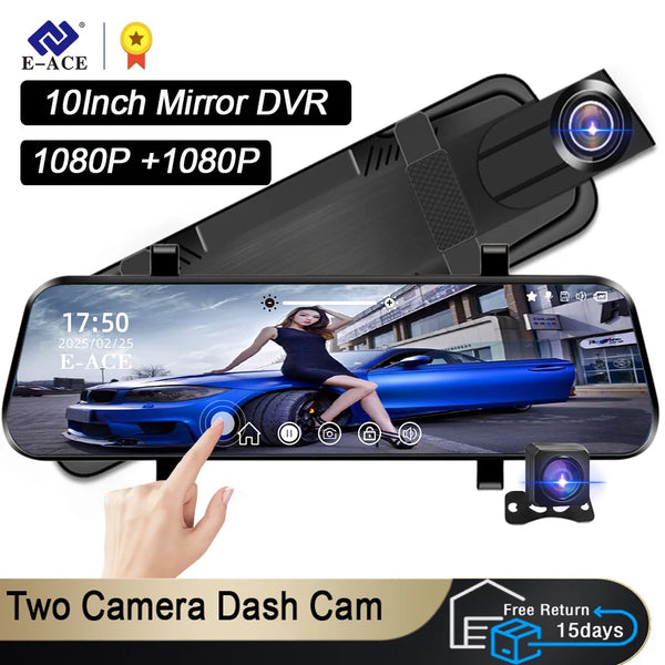 A black mirror DVR dash cam with two cameras is shown mounted on a car windshield, demonstrating its recording capabilities.