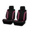 Ein Set schwarze Autositzeinlagen mit rosa Nähten auf schwarzem Stoff.