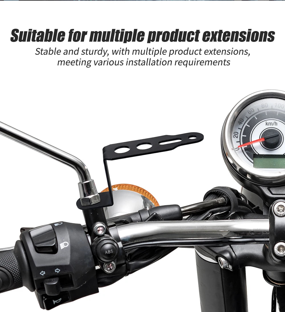 A close-up view of a motorcycle rearview mirror extension bracket installed on the handlebar.