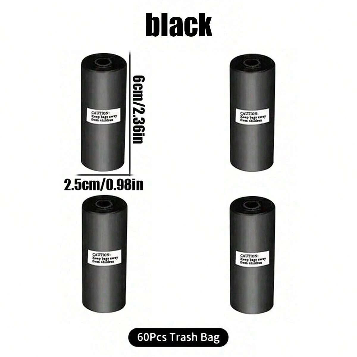 Black trash bags shown in various sizes and dimensions with caution labels