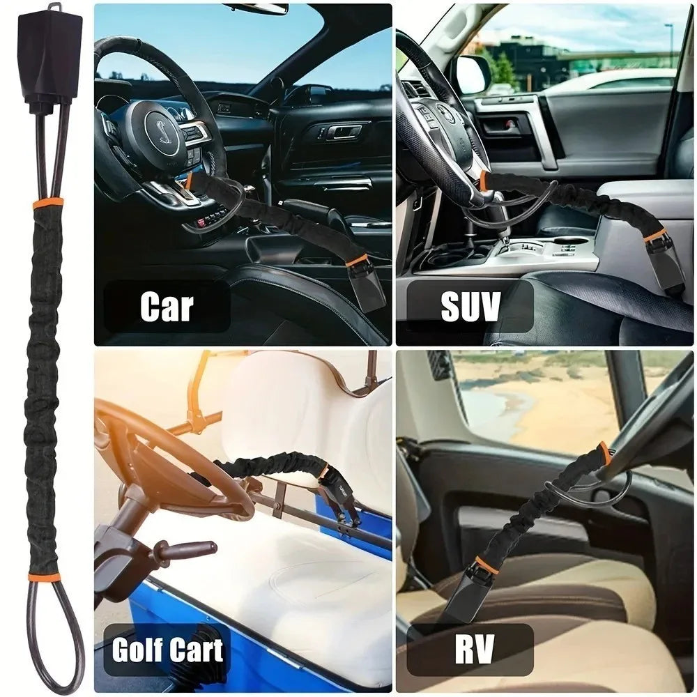 Various vehicles show a universal steering wheel anti-theft lock attached to the wheel column.
