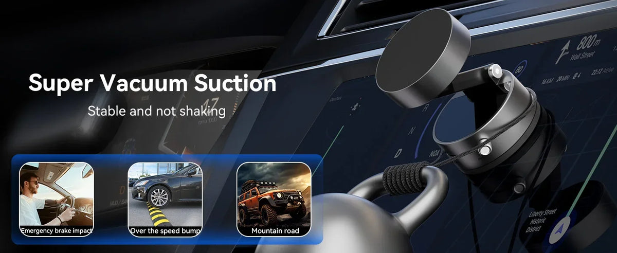 A close-up of a heavy duty magnetic phone holder demonstrating super vacuum suction on a vehicle surface.