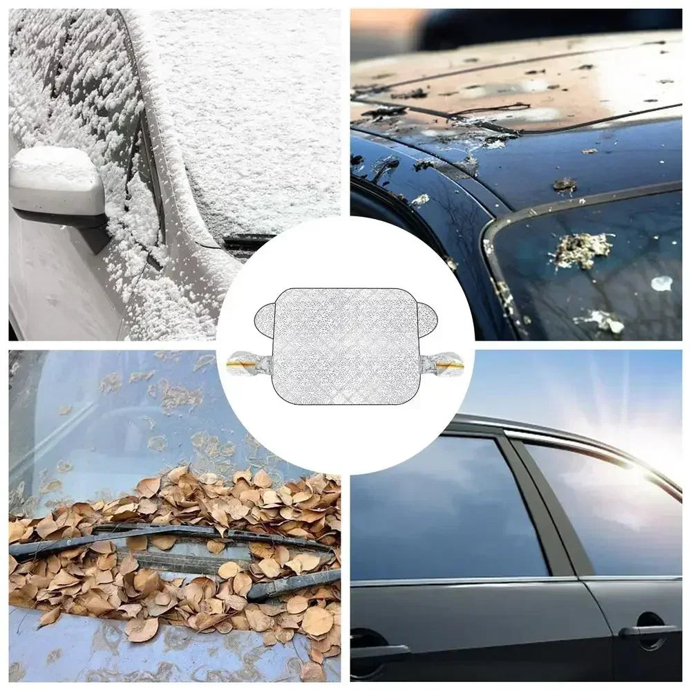 Various images showing a car windshield covered with snow, ice, and debris, alongside a product for protection.