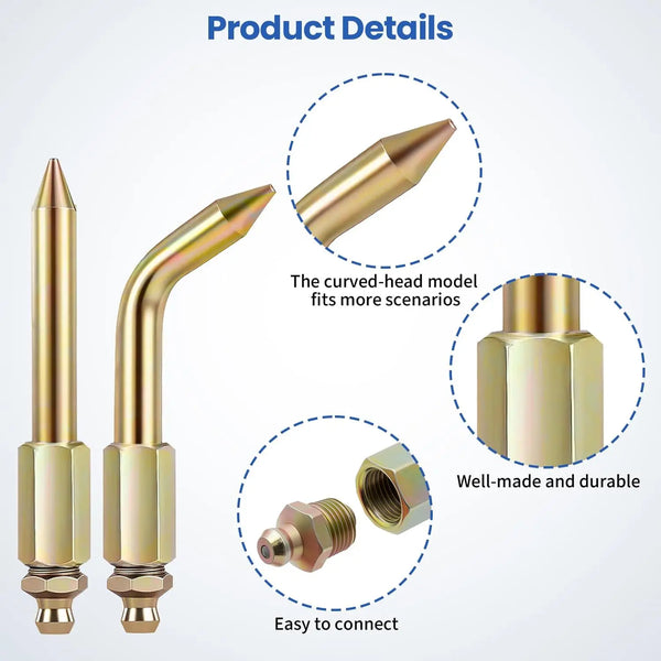 A set of 7 grease gun needles and fittings, including a curved-head model, demonstrating well-made and durable components.