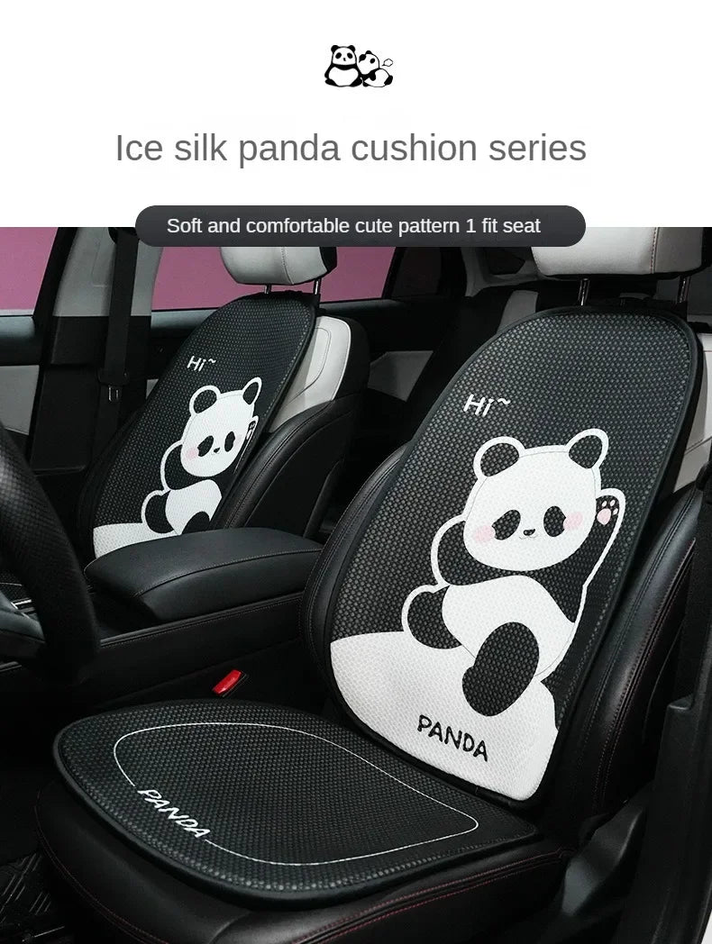 A black car seat cushion featuring a cute white panda pattern for comfort and style.
