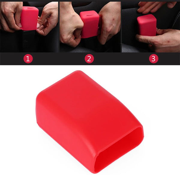 A bright red silicone seat belt buckle cover shown in various stages of use.