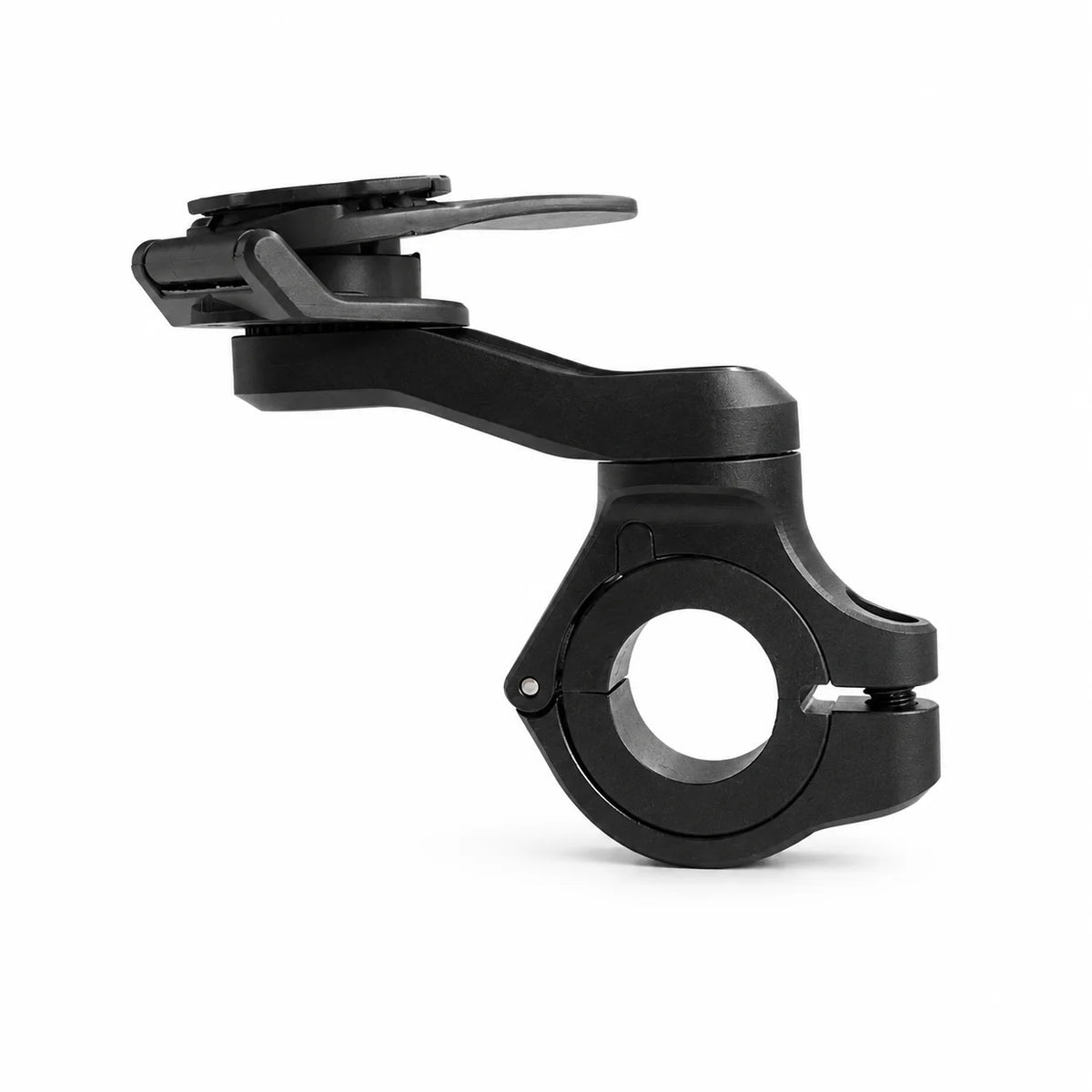 A black universal CNC motorcycle phone mount with a clamp mechanism.