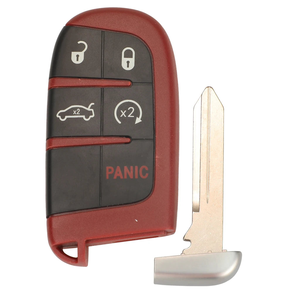 Una carcasa de llave roja y negra con iconos de pánico y cerradura junto a una hoja de llave metálica.