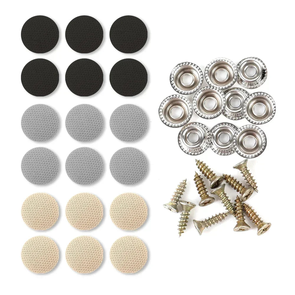 A collection of black and gray adhesive repair buckles and silver screws for car roof headliner repair.