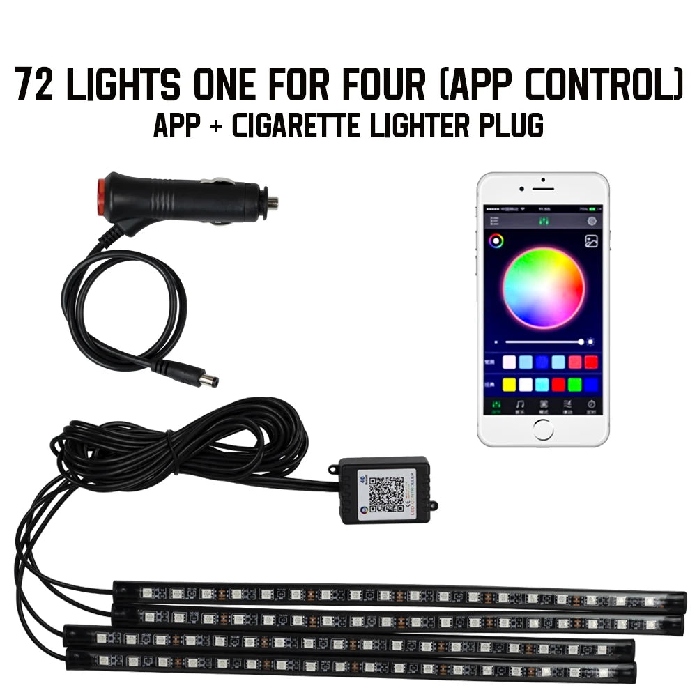 RGB LED car ambient lighting kit showing lights, an app, and a cigarette lighter plug.