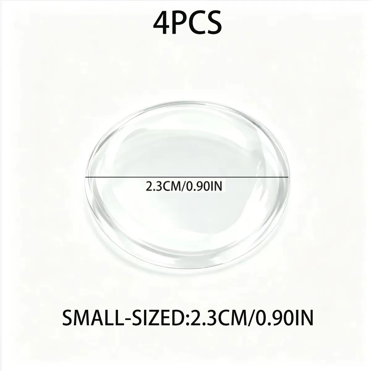 Four crystal clear ignition button protectors, each measuring 2.3cm or 0.90 inches.