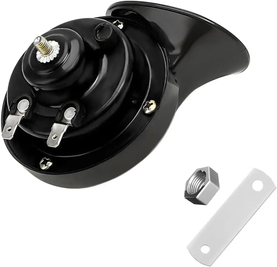 A black electric air horn kit with a mounting plate and hardware components.