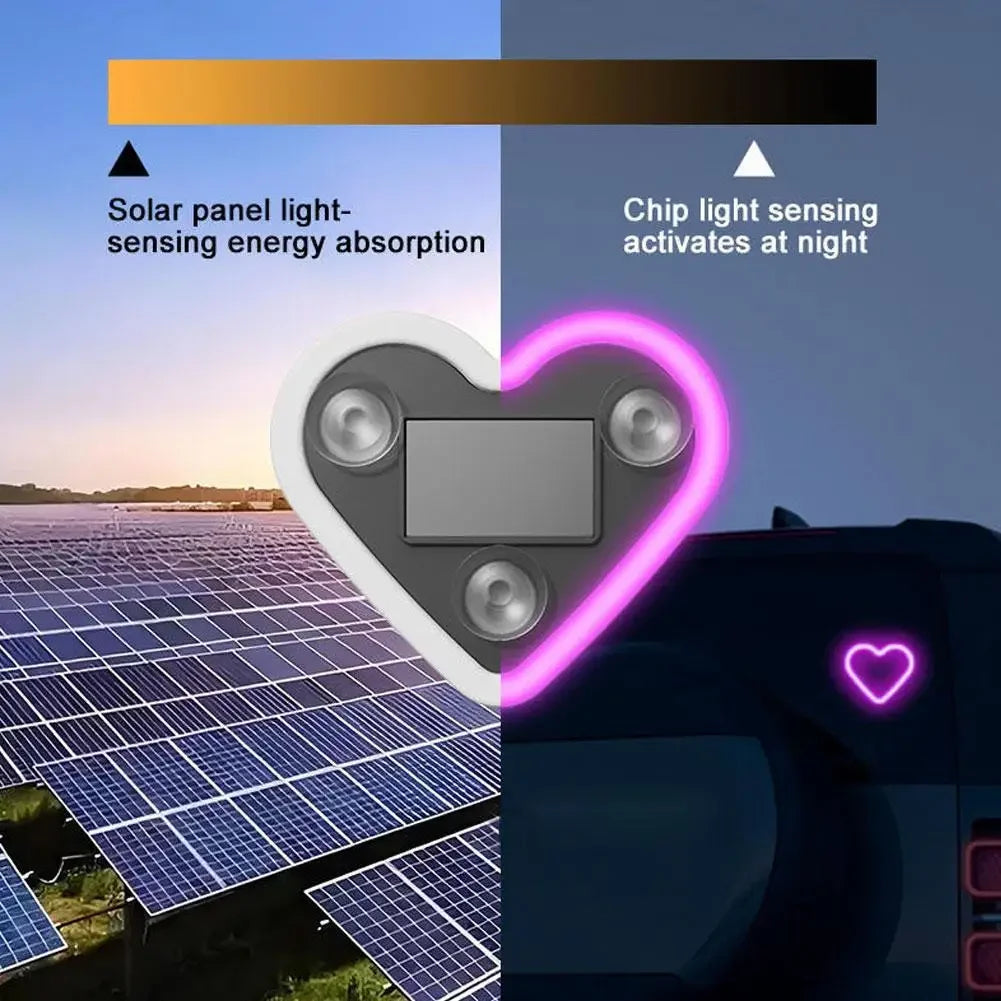 A heart-shaped neon light device is shown next to a solar panel array, illustrating light-sensing energy absorption.