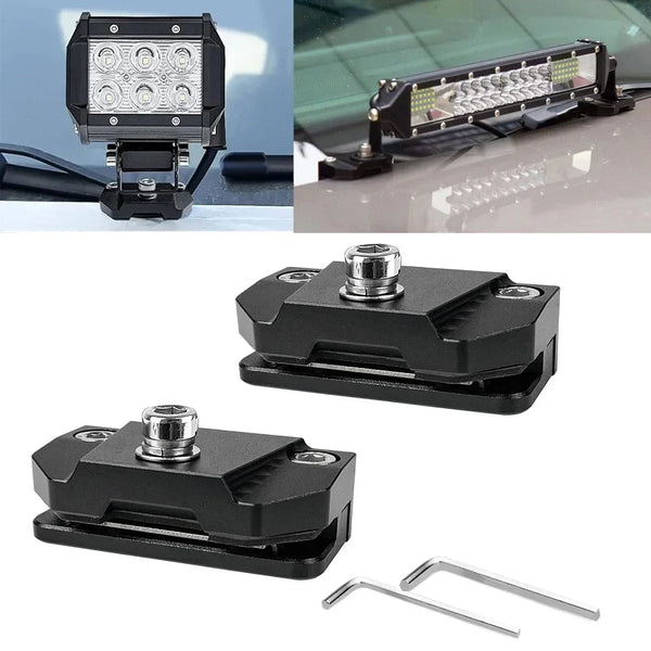 Black LED work light mount brackets and mounting hardware for vehicle hoods