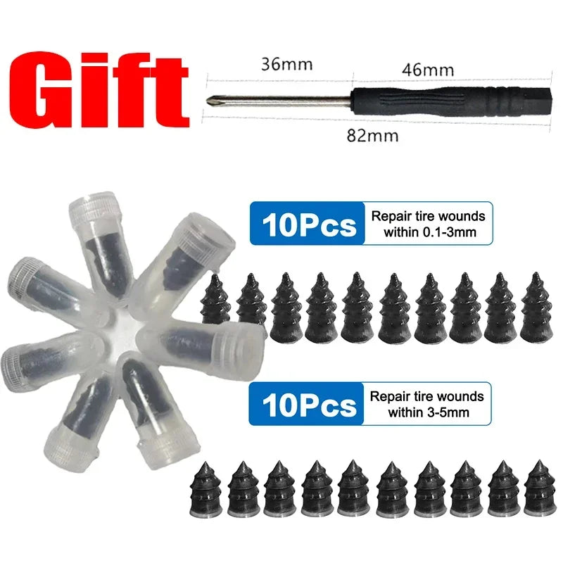 A set of tire repair nails and a tool for repairing tire wounds.