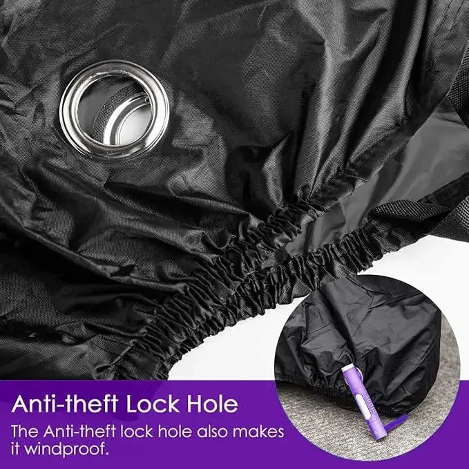Close-up of a black heavy duty waterproof bicycle cover showing an anti-theft lock hole detail.