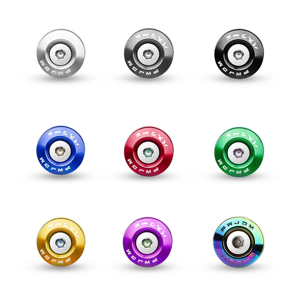 A set of eight aluminum bumper fixation clips in various colors including silver, black, blue, red, green, gold, and purple.