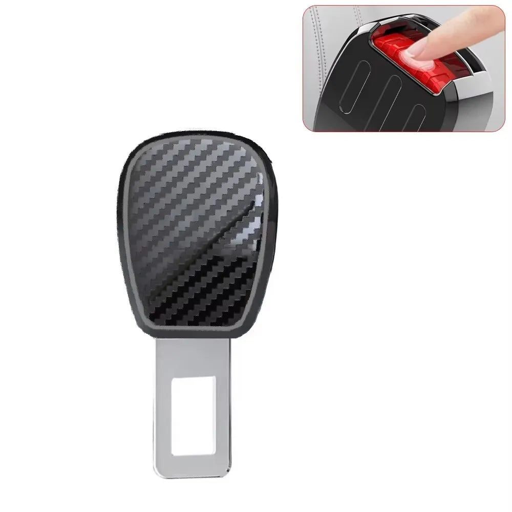 A black carbon fiber car seat belt extender with a silver quick-release buckle.