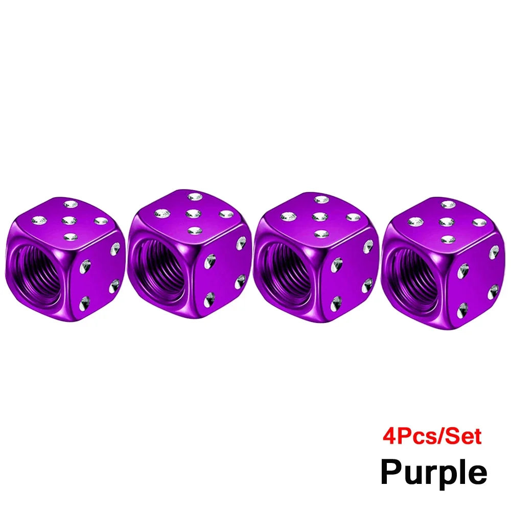 Set of four purple aluminum dice valve caps for tires