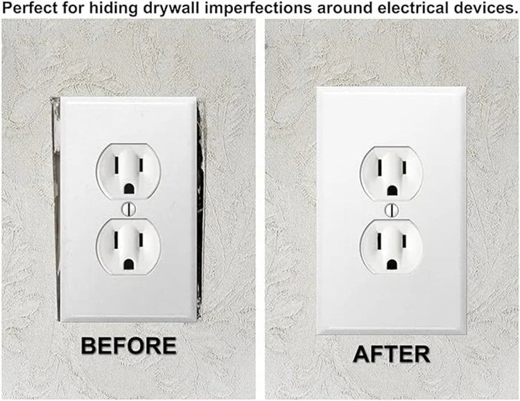 Before and after comparison of a durable electrical light switch cover plate used for hiding drywall imperfections.