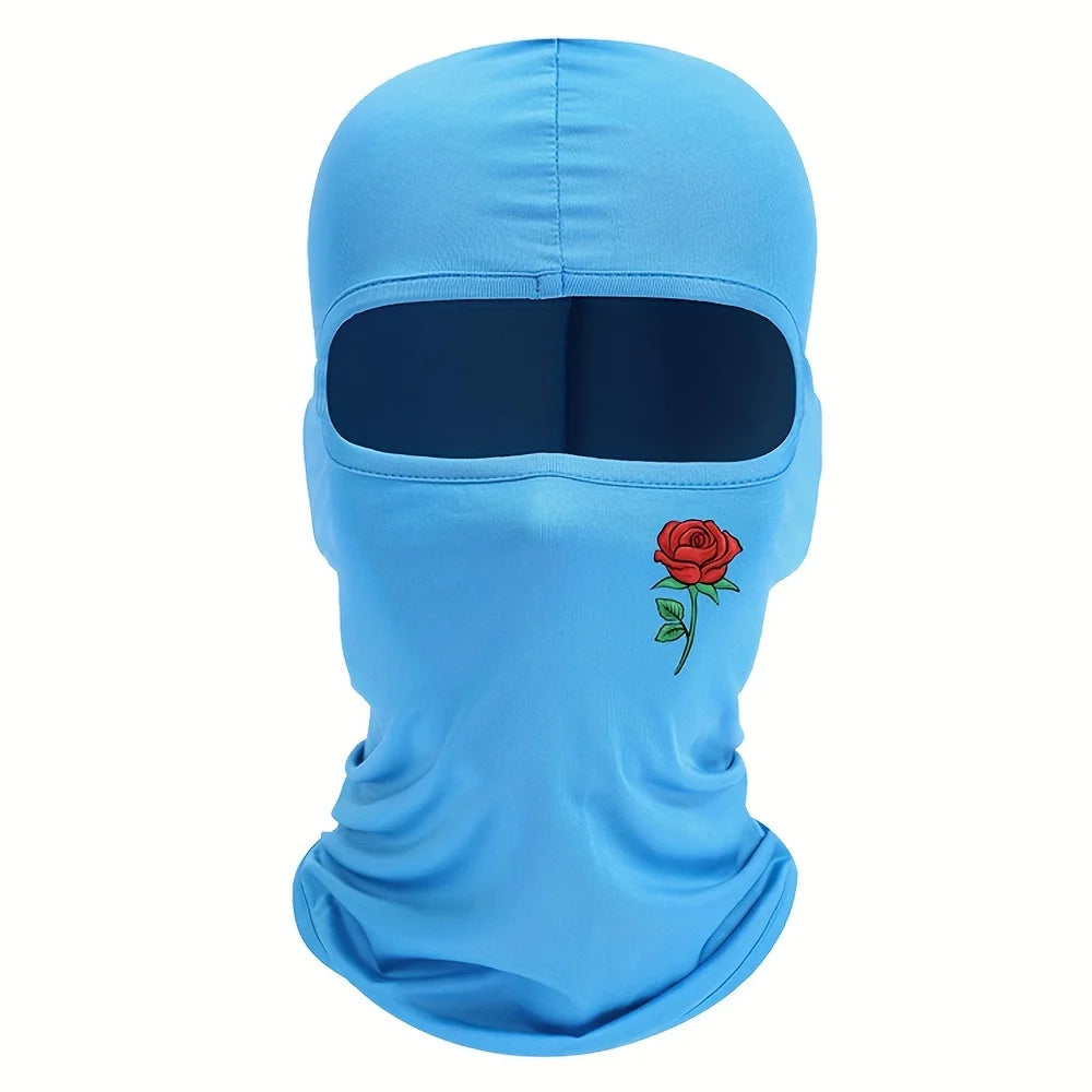 Light blue balaclava hat with a red rose embroidery on the chest area