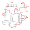 Diagram showing dimensions for universal car seat covers for double front and 2+1 seating arrangements.