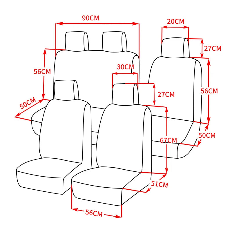 Diagram showing dimensions for universal car seat covers for double front and 2+1 seating arrangements.