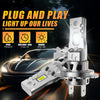 A silver plug and play LED light bulb is shown next to a car, highlighting its waterproof and long life features.