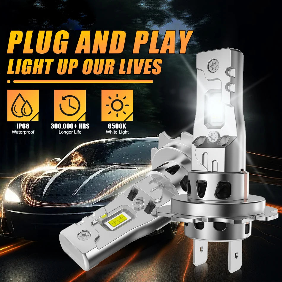A silver plug and play LED light bulb is shown next to a car, highlighting its waterproof and long life features.