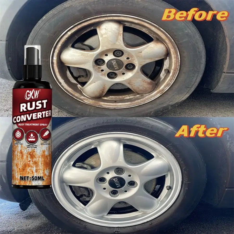 Before and after comparison of a car wheel showing rust conversion treatment spray application.