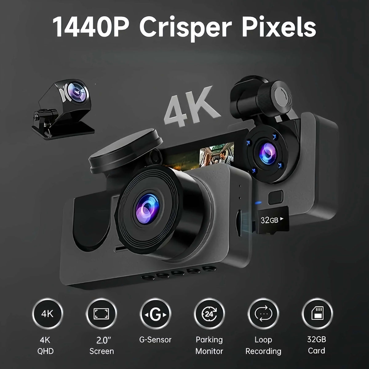 A black 4K Crisper pixel dash camera featuring a large lens and various recording modes.