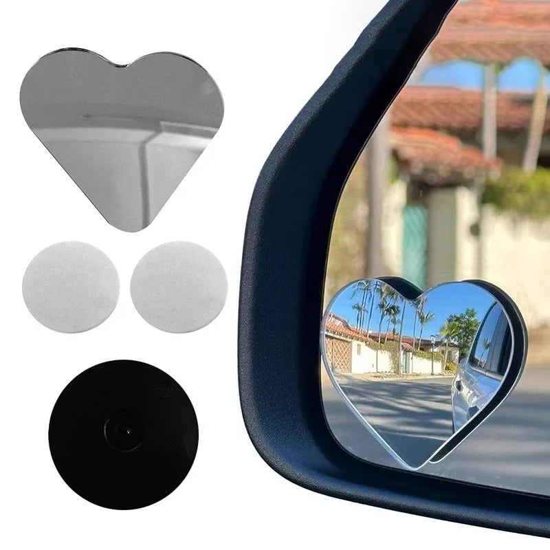 Set of heart-shaped rearview mirrors including a mirror and mounting components