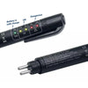 A black brake fluid quality tester device showing battery level indicators and a connector plug.