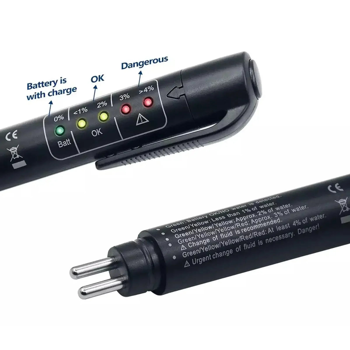 A black brake fluid quality tester device showing battery level indicators and a connector plug.