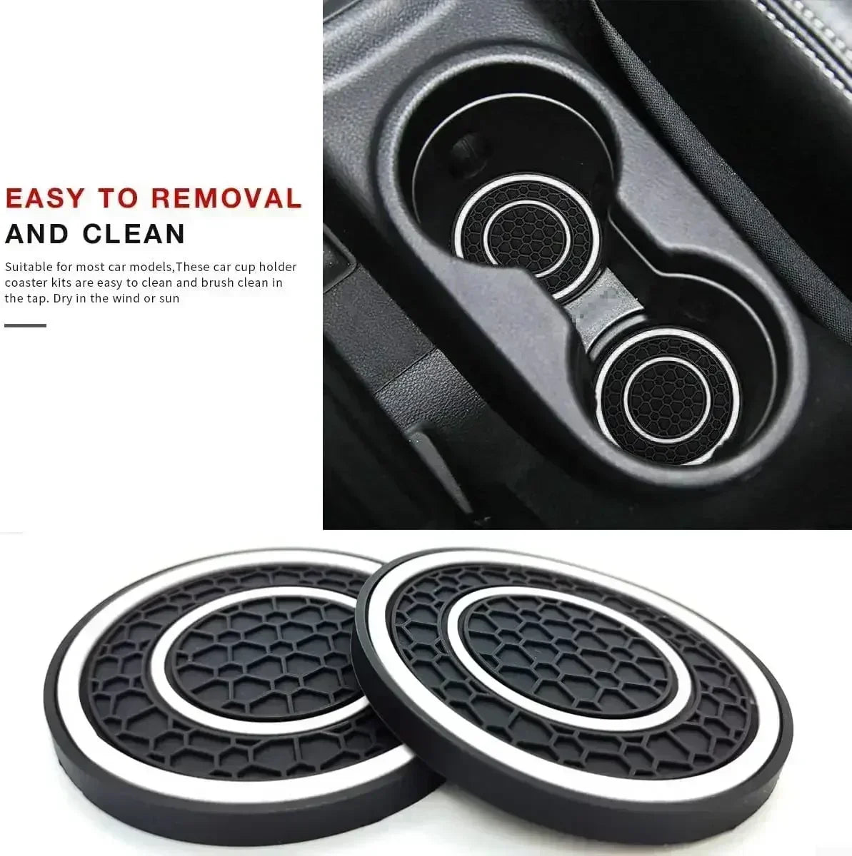 A set of two black and white silicone car cup holder coasters shown next to a product interior.