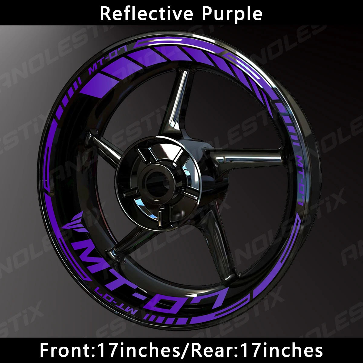 A close-up of a motorcycle wheel featuring reflective purple decals and the text MT-07.