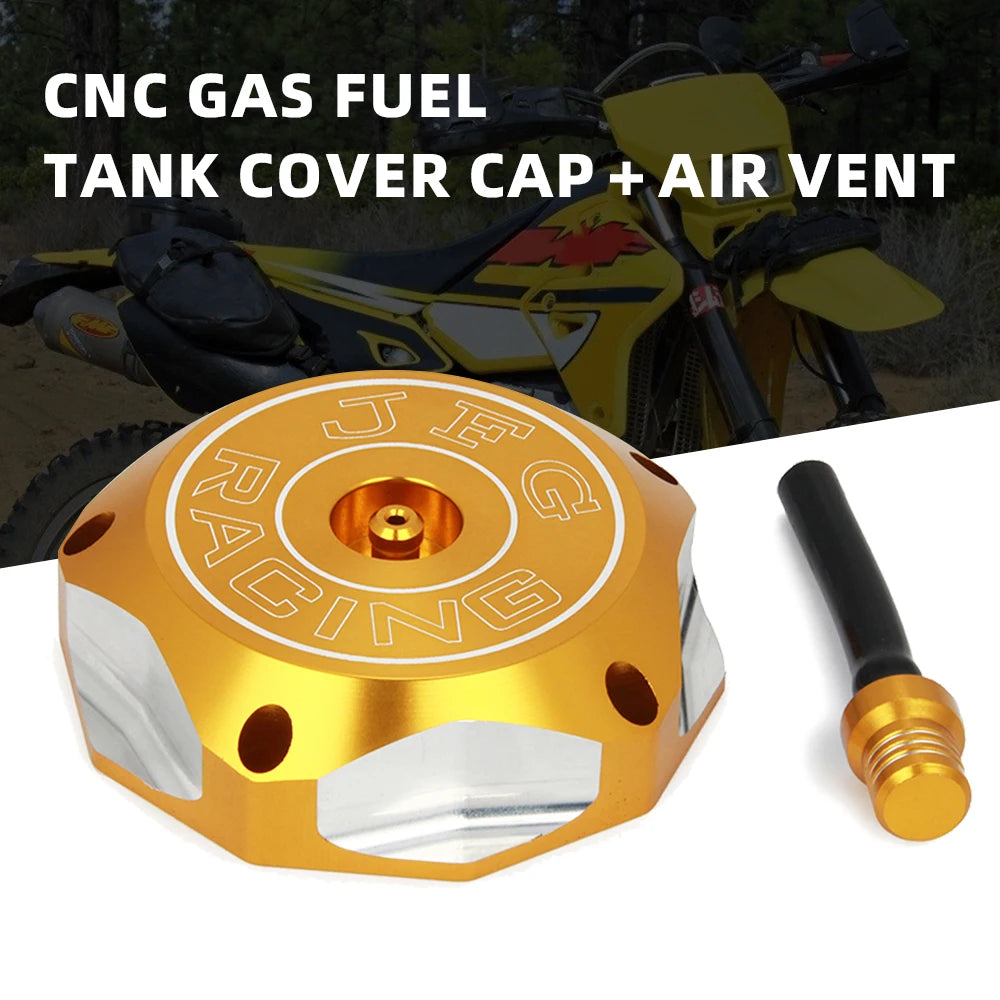 A brass-colored CNC machined fuel tank cap with an air vent and a corresponding fitting shown next to a motorcycle.