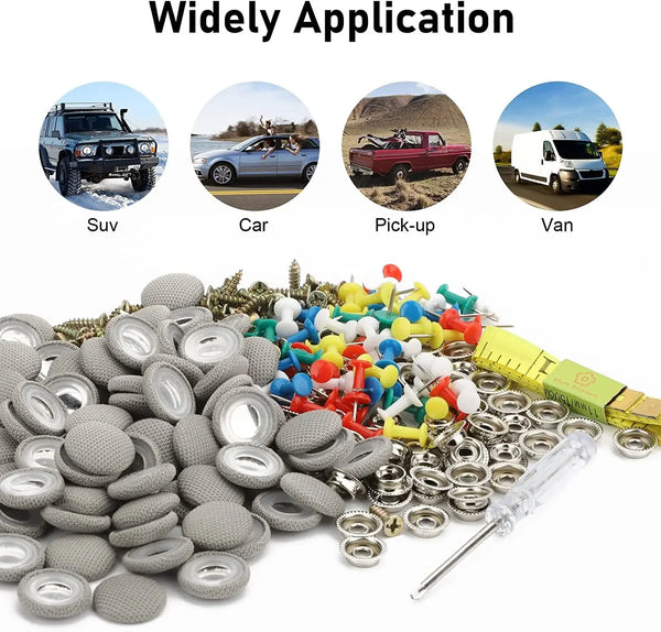 A collection of various metal and plastic roof interior trim clips and fasteners for automotive use.