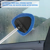 A blue microfiber rag with a black handle is shown cleaning condensation on a car window.