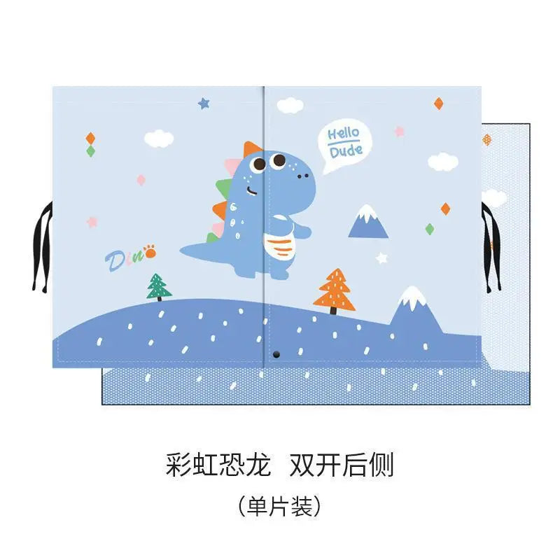 A pair of blue magnetic double-layer car window shades featuring a dinosaur design and an ice mountain landscape.
