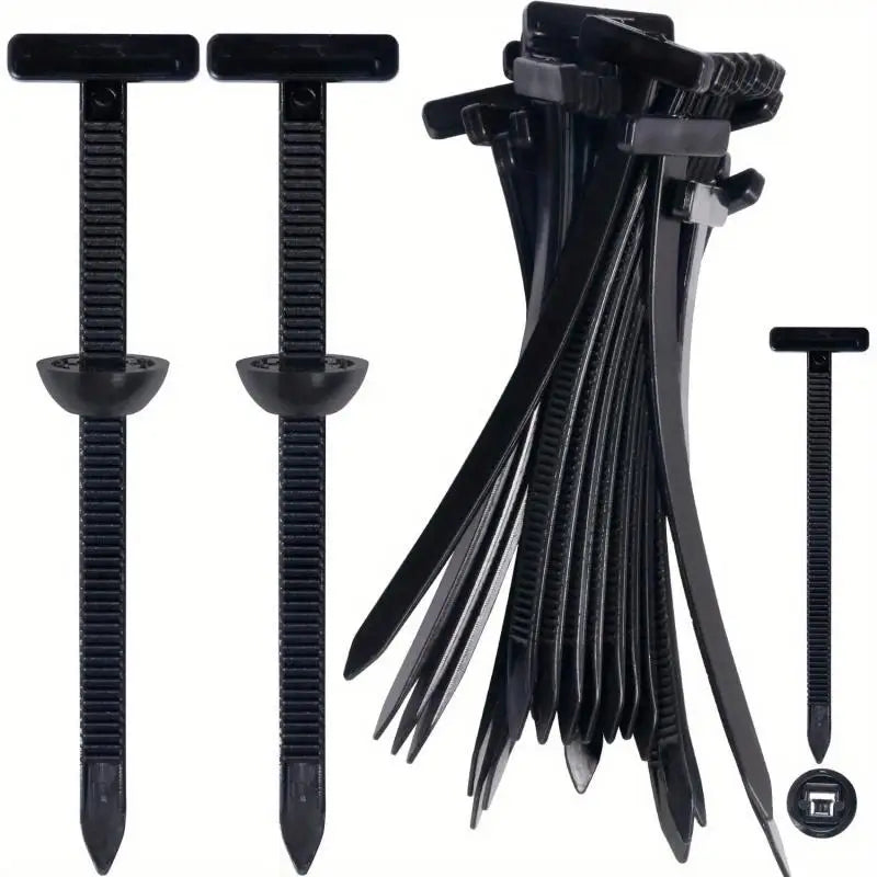 A set of black nylon universal cable tie buckles for automotive and home use.