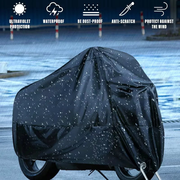 Black heavy-duty motorcycle cover protecting a bike from the elements.