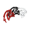 A set of custom car body side emblems for a Dodge Charger or Challenger featuring stylized animal head designs in red, black,