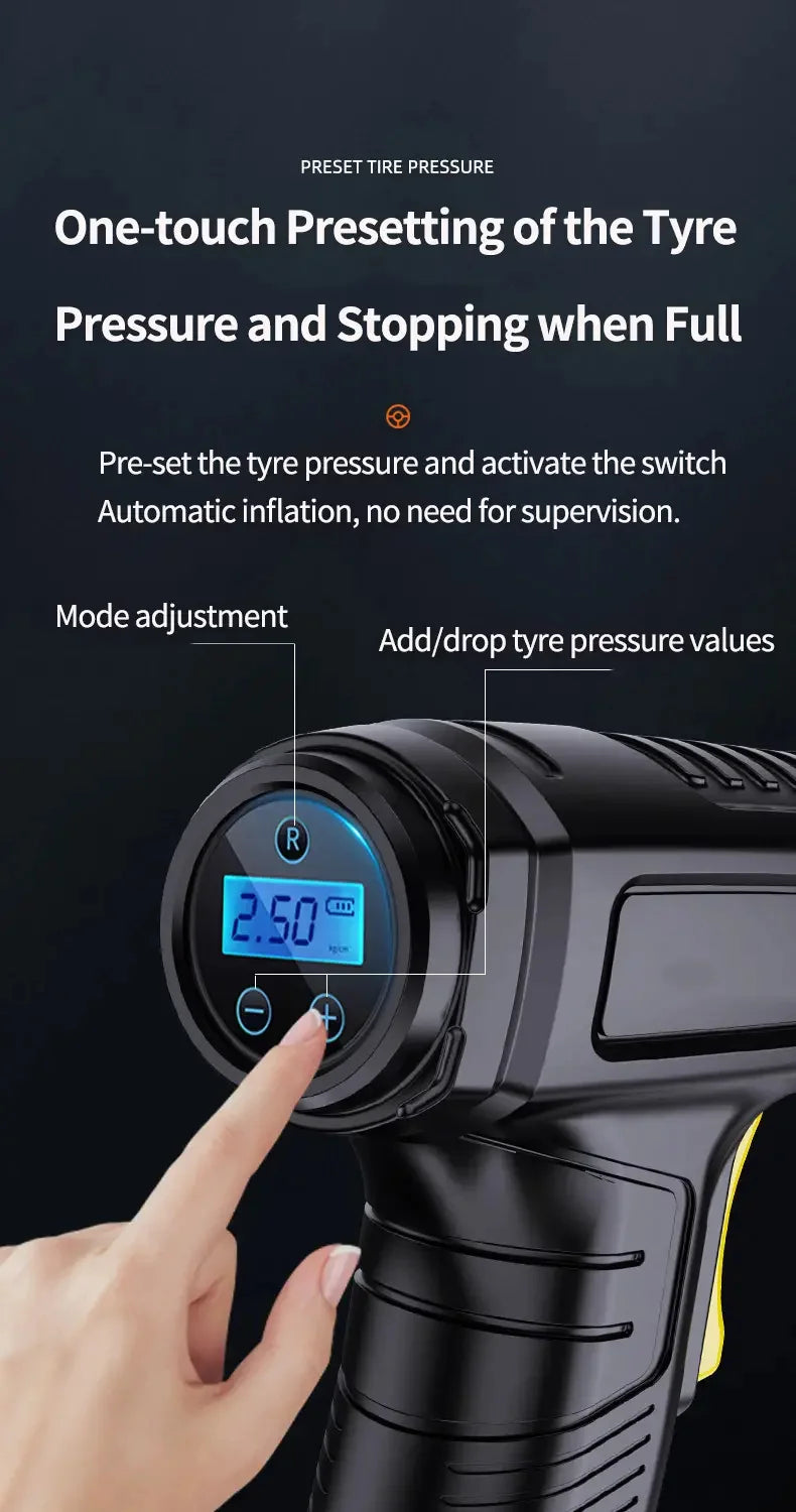 A hand is adjusting the tire pressure on a portable digital air pump device.