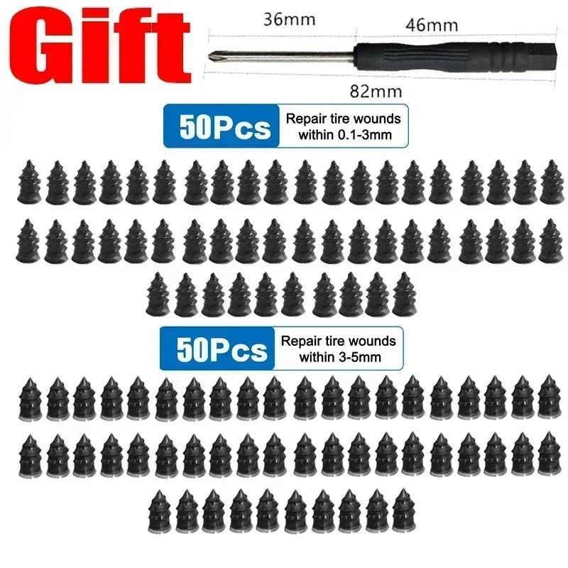 A set of tire puncture repair needles and various sized wound repair tools for tires.