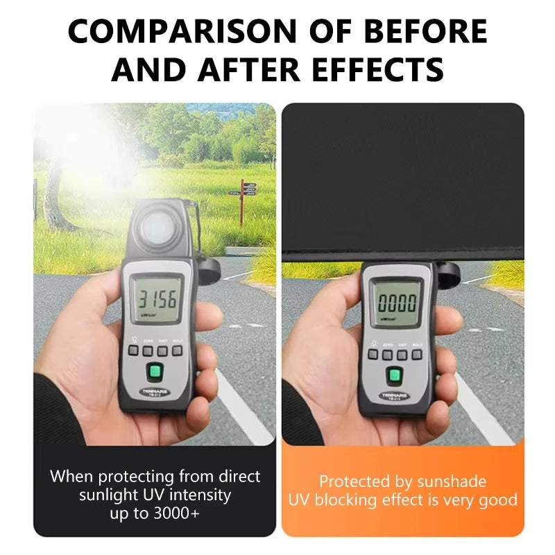 Vergleich von Vorher- und Nachher-Effekten, die zeigen, wie ein Gerät eine Autofenster vor UV-Strahlung schützt.