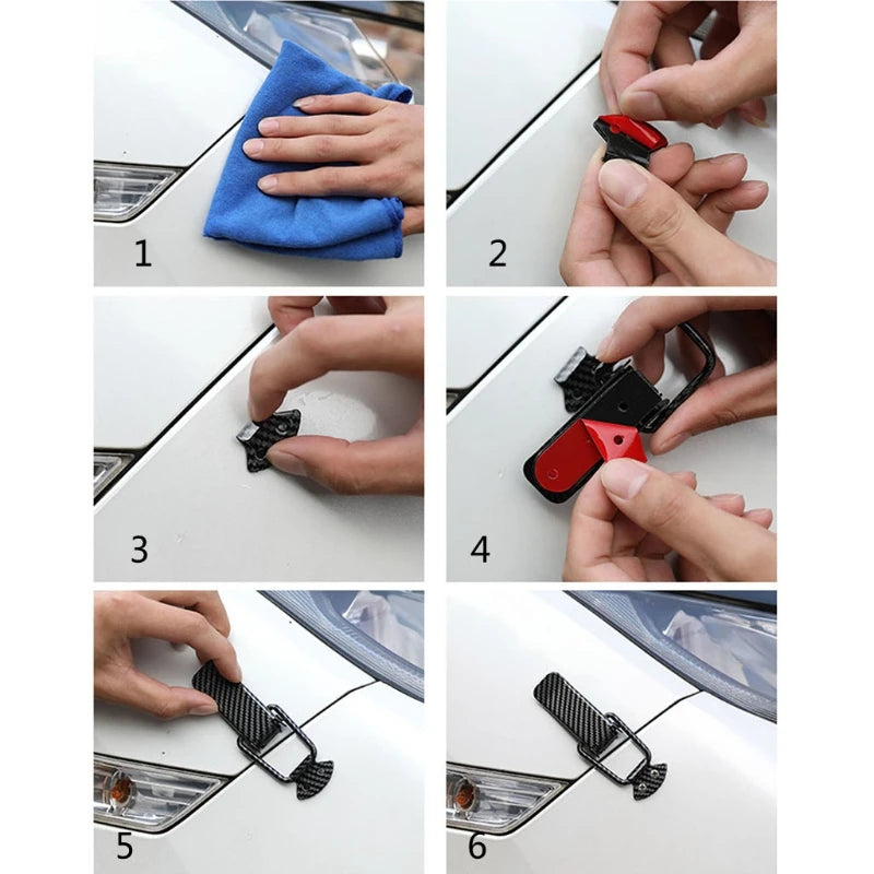 Six steps showing how to repair car trunk pull buckle using specialized clips